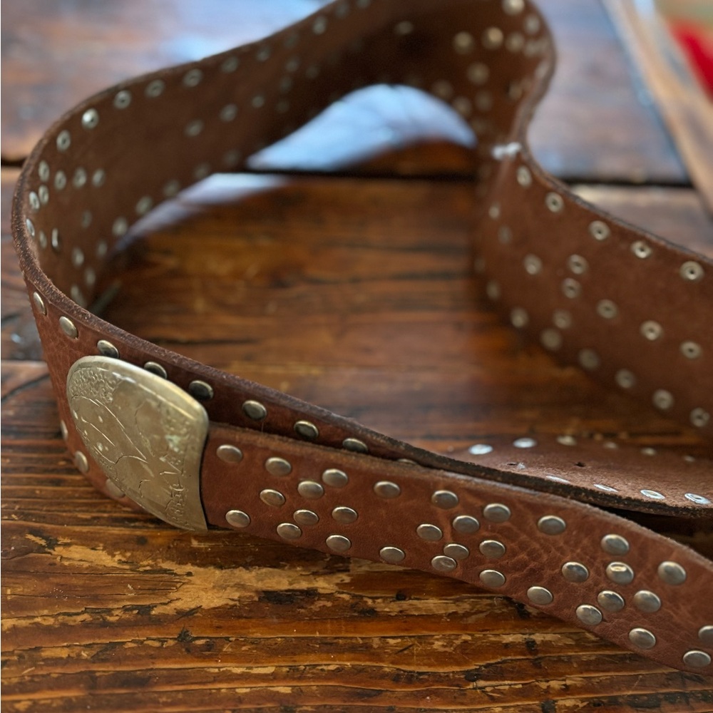 Brown Studded Leather Belt with Silver Buckle